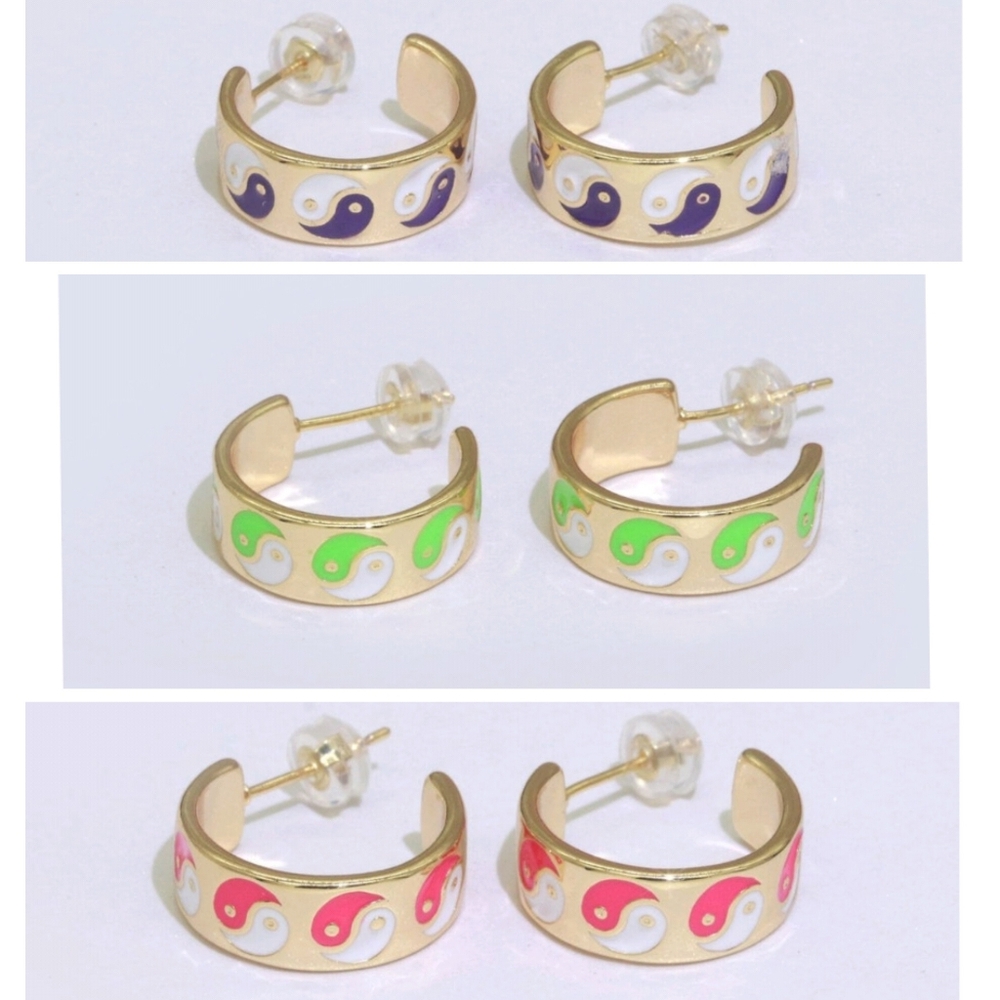 FREE SHIP Ying Yang Enamel Round Gold Plated Half Hoop Y2K Earrings